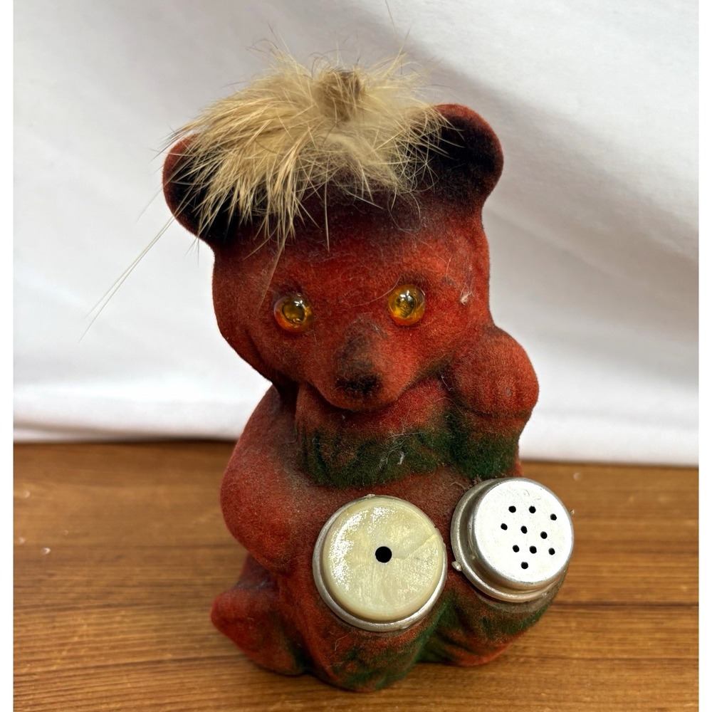 1970s Retro Red Flocked Bear w/ Hair Salt & Pepper Shaker Set Novelty 4.5"